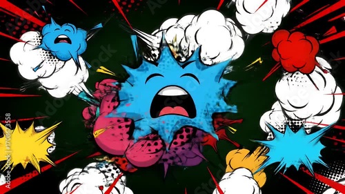 Comic book style explosion of faces and clouds