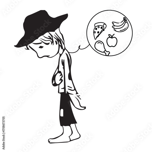 Hungry Boy Dreaming of Food  Poverty and Hunger Awareness Illustration