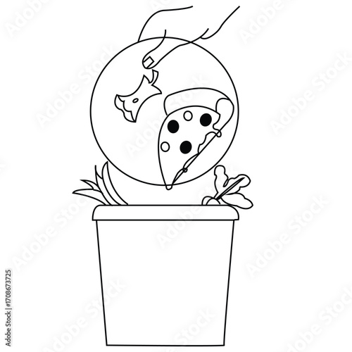 Pizza Slice Thrown in Dustbin  Food Waste Awareness Outline Illustration