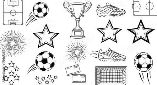 Soccer themed line art with balls stars and field layout