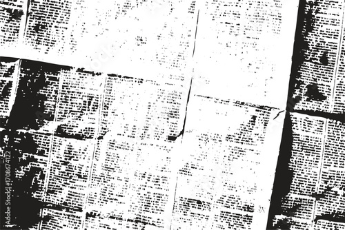 Newspaper text with dark ink print grunge texture on transparent. Vintage torn background surface. Distressed retro design for creative graphic illustration.
