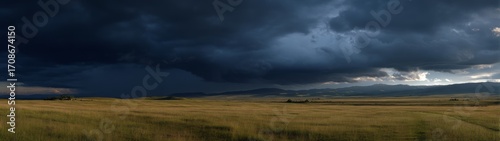 Dramatic exported storm clouds over open field hdri panoramic landscape viewpoint in nature environment