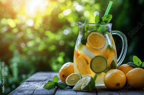 Refreshing Lemonade Pitcher With Fresh Fruits and Mint on a Sunny Day Outdoors