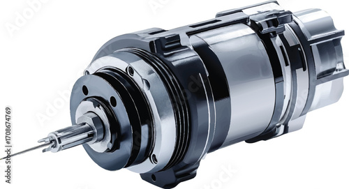 Industrial Machine Spindle with Metal Components and Sharp Tip on White Background Keywords: spindle, machine, industrial, manufacturing, technology