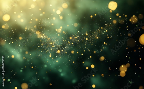 Beautiful Golden Particles Shining in a Dark Green Background During a Magica...