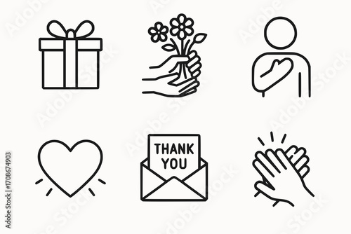 Set of 6 gratitude and appreciation icons, minimalist black and white vector