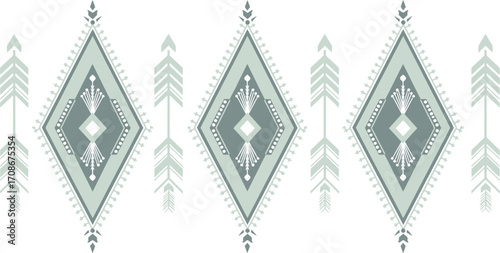 Elegant geometric pattern with diamond shapes and tribal arrows in soft green tones