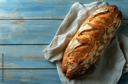 Freshly Baked Sourdough Bread Resting on a White Cloth on a Blue Wooden Table
