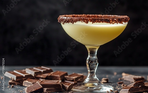 Delicious Chocolate Cocktail Served in a Glass With a Chocolate Rim and Chunk...