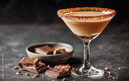 Delicious Chocolate Cocktail Served in a Glass With a Chocolate Rim and Chunk...