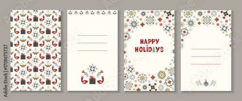 Vector set of Christmas cards in Scandinavian folk art style. Holiday illustrations with decorative birds, gifts, snowflakes and pattern in cozy nordic palette for festive design, winter flyers