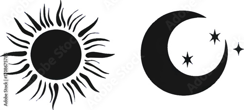 Black Silhouette of Sun with Rays and Crescent Moon with Stars on White Background celestial
