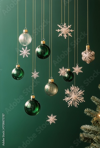 Hanging Christmas Ornaments and Snowflakes Against a Green Background for Fes...