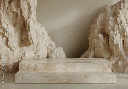 Modern Display Pedestal With Marble Finish and Natural Stone Backdrop in an E...