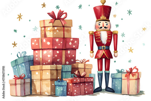 Classic Holiday Nutcracker and Wrapped Presents in Cozy Setting