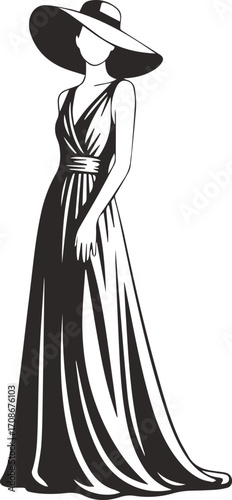 Elegant fashion illustration of woman in long flowing dress and wide brim hat, stylish silhouette.