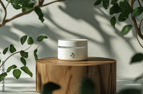 Glass Jar of Cream on Wooden Surface With Green Leaves in Bright Sunlight.