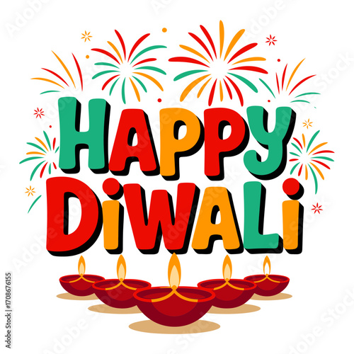 Happy Diwali typography, colorful letters with fireworks, diya row below, joyful festival design, playful style, bright celebration vector