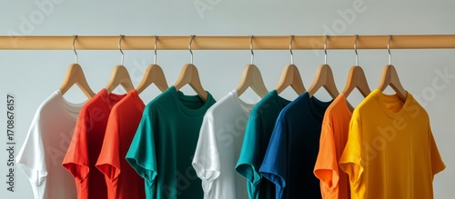 Colorful T-Shirts Displayed on Wooden Hangers in a Modern Shop Setting.