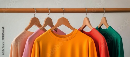 Brightly Colored Shirts Hanging on Wooden Hangers in a Clothing Store Display