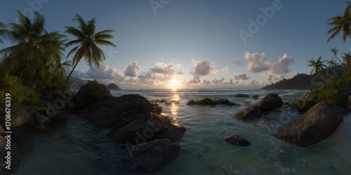 Sunset beach experience at tropical island hdr panoramic view of serenity and nature