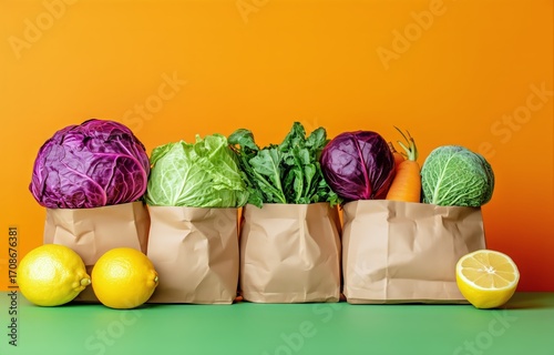 Fresh Fruits and Vegetables in Paper Bags Against an Orange Background.