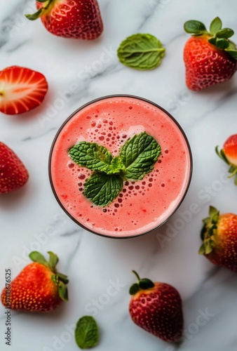 Fresh Strawberry Smoothie With Mint and Juicy Strawberries on a Marble Surface