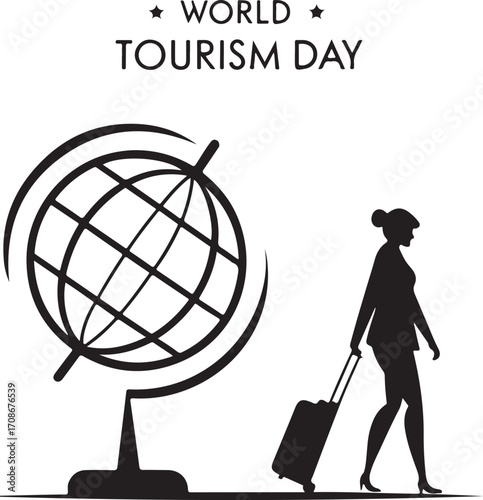 Minimalist World Tourism Day Silhouette with World Map and Traveler