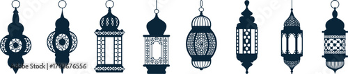 Decorative vintage lantern vector set, traditional hanging lamps silhouettes, ornate antique lamp designs, classic festive light icons, elegant illumination symbols collection