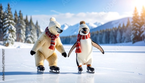 Polar bear and penguin ice skating in winter wonderland