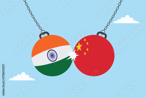 Vector illustration of two dumbbells colliding, one with the India flag and the other with the China flag, symbolizing strength, competition, and rivalry between the nations
