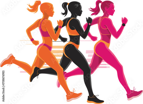 Female runners in motion, diverse athletes running marathon, dynamic motion, vibrant colors, fit women, black and white girl running, team, vector illustration, flat design style.