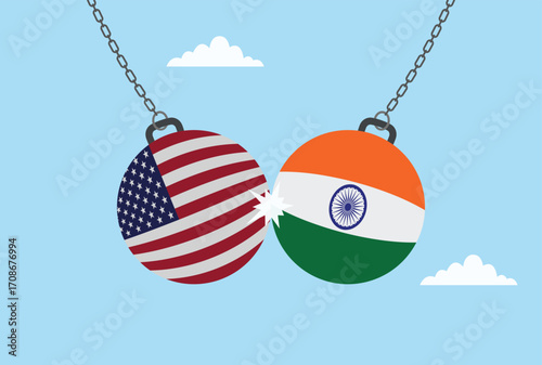 Vector illustration of two dumbbells colliding, one with the India flag and the other with the USA flag, representing rivalry, competition, and strength between the nations
