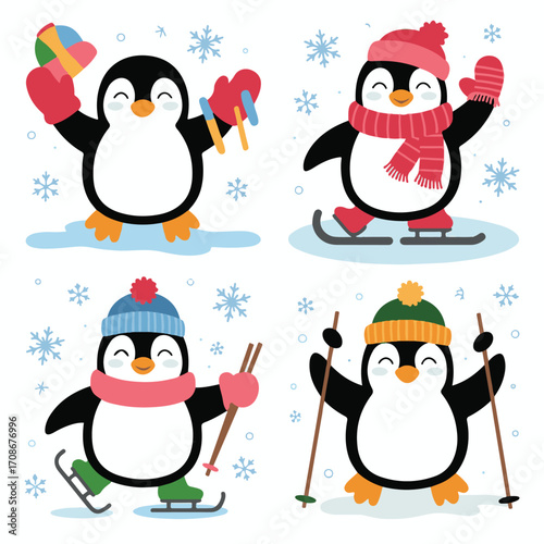 Festive Penguins Enjoying Winter Activities