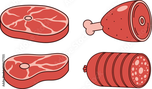 Various cartoon meat cuts for cooking and food design editable vector