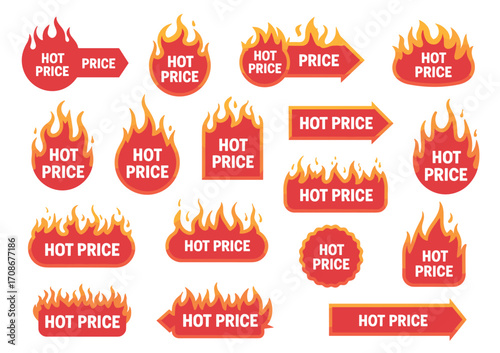 Hot price labels with flame design, discount tags, sale badges, promotional price icons, fiery sale stickers, marketing labels, price tag vector set for ecommerce