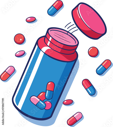Illustration of a medicine bottle with pills spilling out