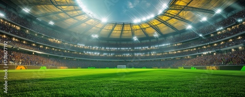 Exciting Football Match Under Bright Stadium Lights at Night With a Cheering ...