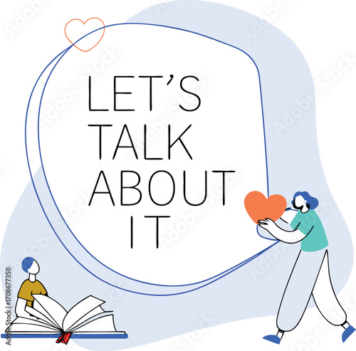 Two people communicating and sharing a heart symbol with text let s talk about it