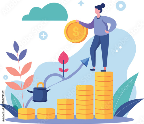 Man stacking coins on growing financial graph with plants