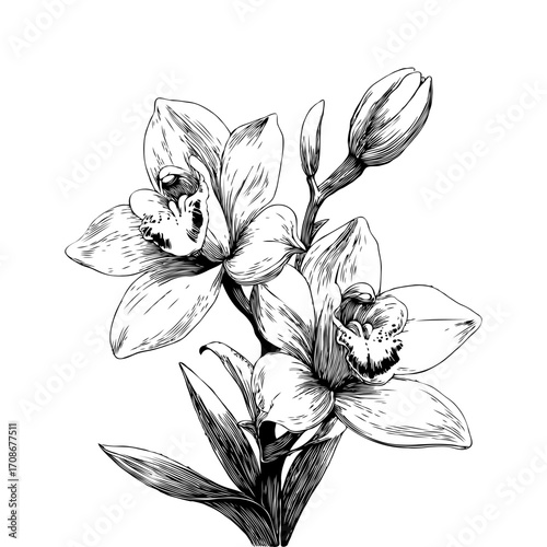 Elegant hand-drawn orchid flowers in black ink style on a clean white background, symbolizing botanical beauty and natural elegance