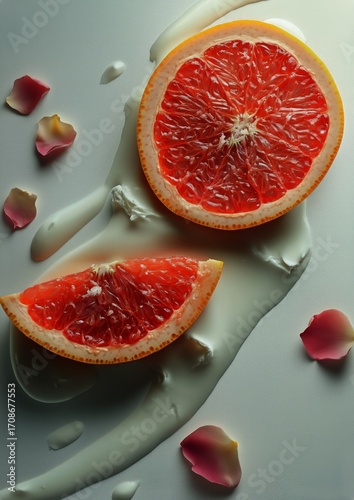 Bright Ruby Grapefruit Halves With Cream and Rose Petals on a Smooth Surface ...