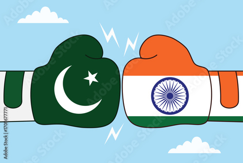Vector illustration of two boxing gloves with Pakistani and Indian flags clashing face to face, representing rivalry and competitive spirit between the nations
