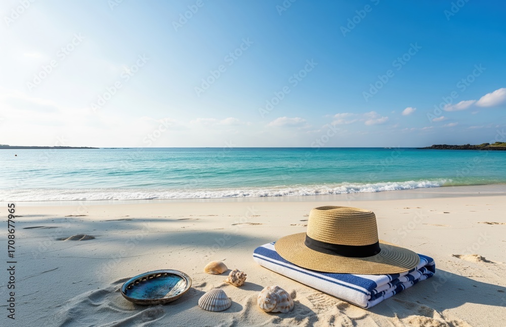 Obraz premium Straw hat resting on pristine warm sandy beach