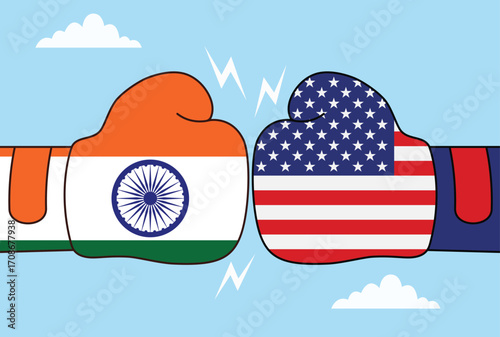 Vector illustration of two boxing gloves with USA and Indian flags clashing face to face, symbolizing competition and rivalry between the two entities
