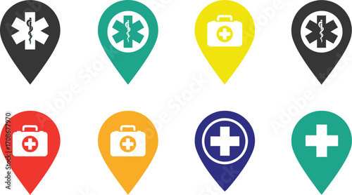 Medical location pin icons for healthcare navigation app editable vector