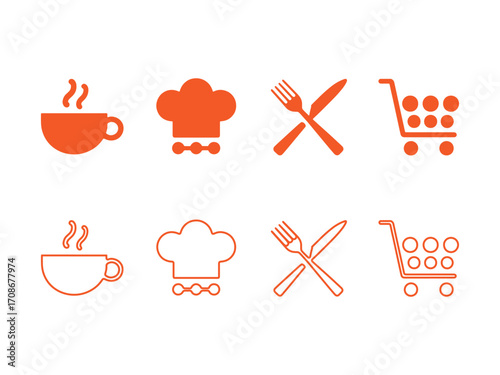 Set of four simple food and drink icons including coffee cup chefs hat cutlery and shopping cart in orange and white