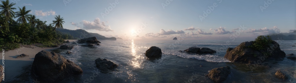 Obraz premium Tropical island sunset beach landscape hdr panoramic view peaceful environment scenic perspective