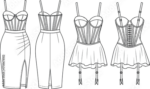 Corset dress designs fashion sketches technical drawing editable vector