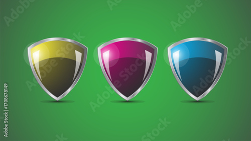 Shiny Metallic Icon with shield shape on green background.